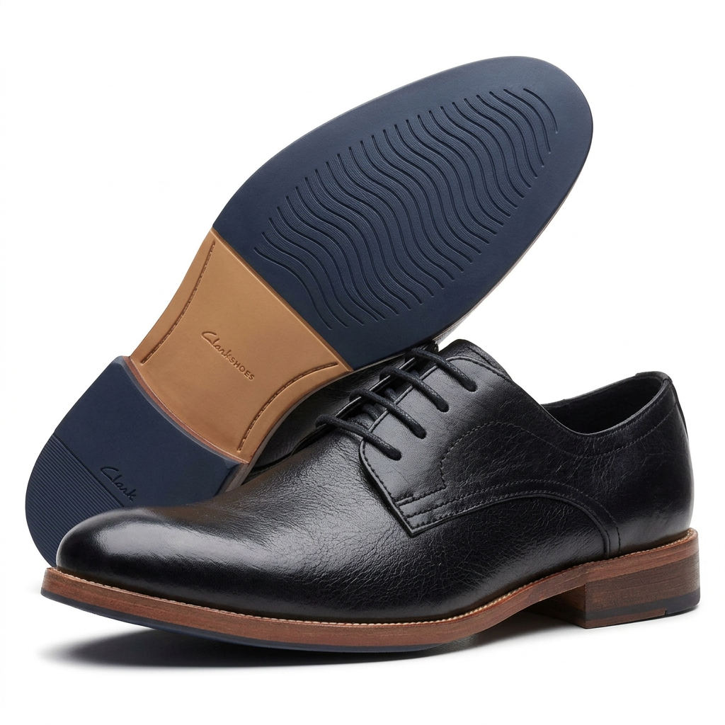 Black plain-toe gentle shoes with brown welt on white background