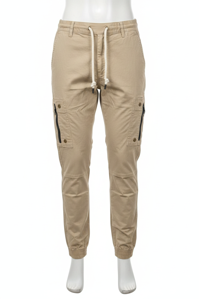Men's khaki cargo pants on mannequin - white background