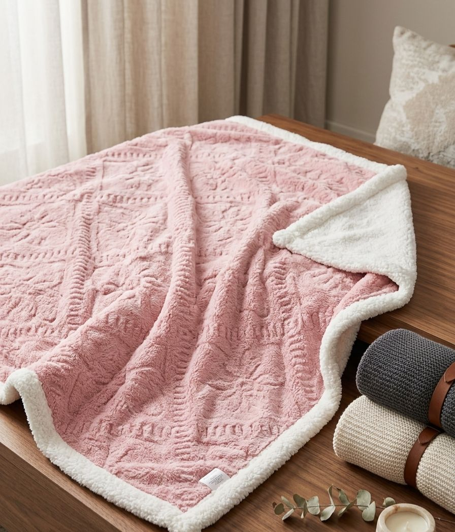 Soft Fleece Blanket | Double-Sided Sherpa | Embossed Floral Design | Warm & Cozy - Pink