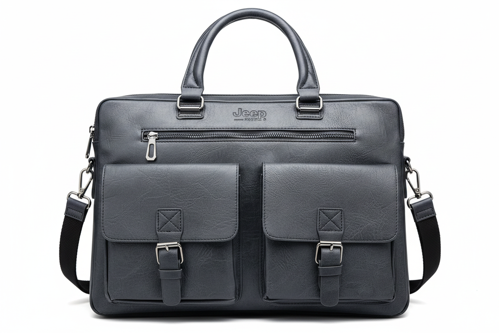 Jeep Brand Grey Leather Laptop Briefcase - white background