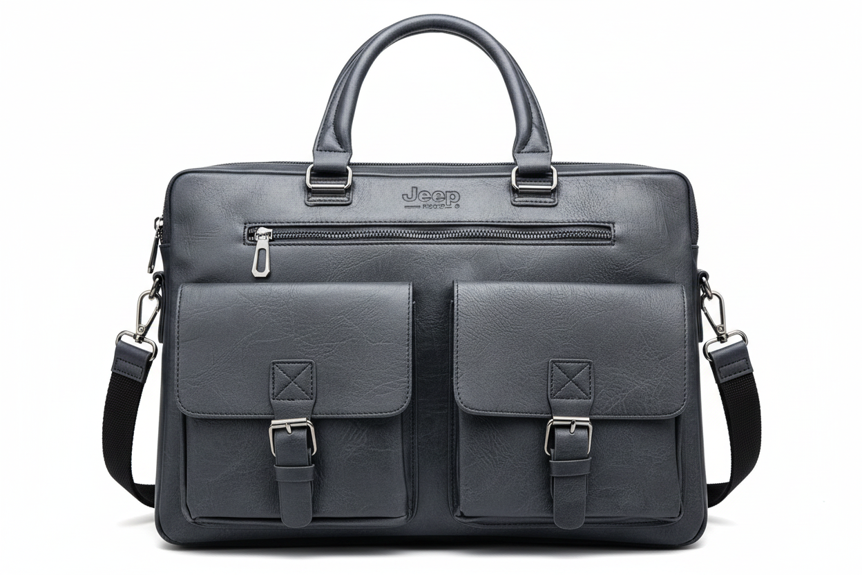 Jeep Brand Grey Leather Laptop Briefcase - white background