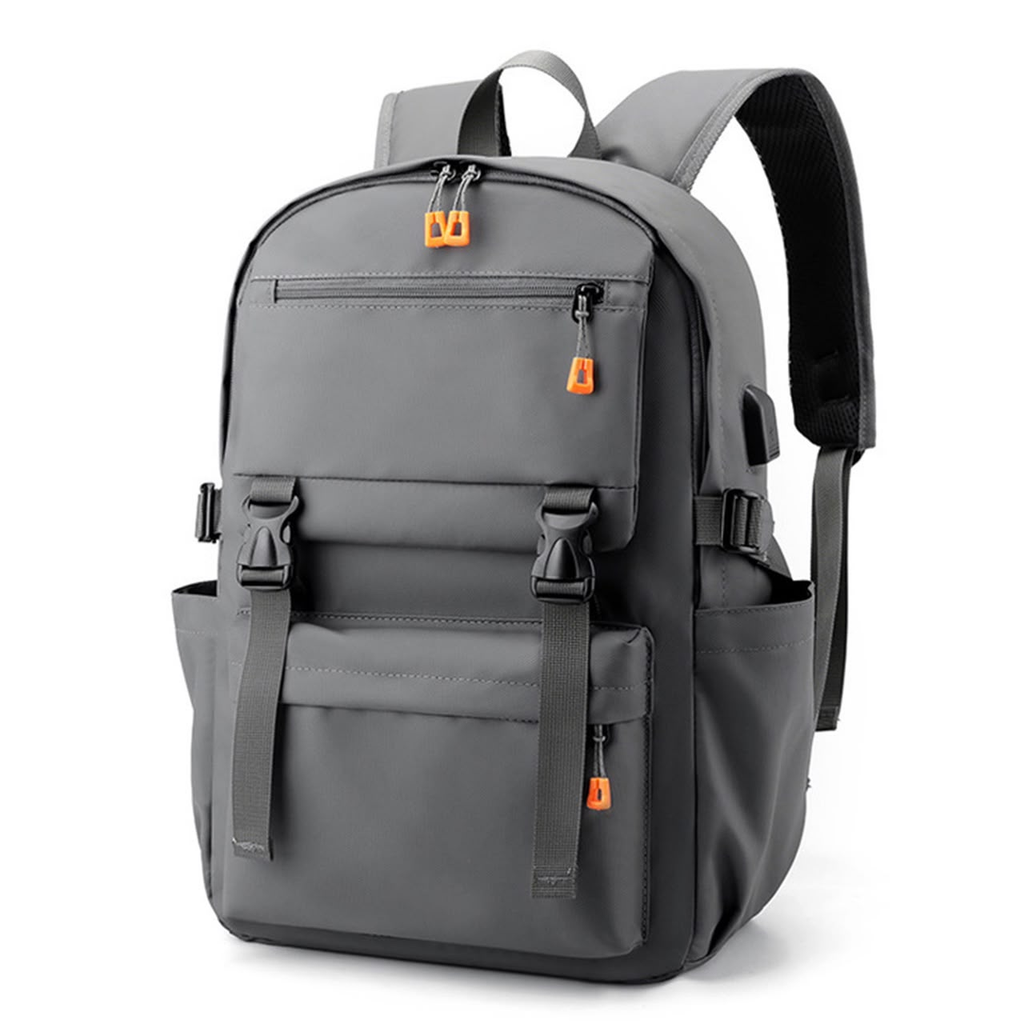 Original photo of grey backpack with front buckle straps and orange zipper pulls