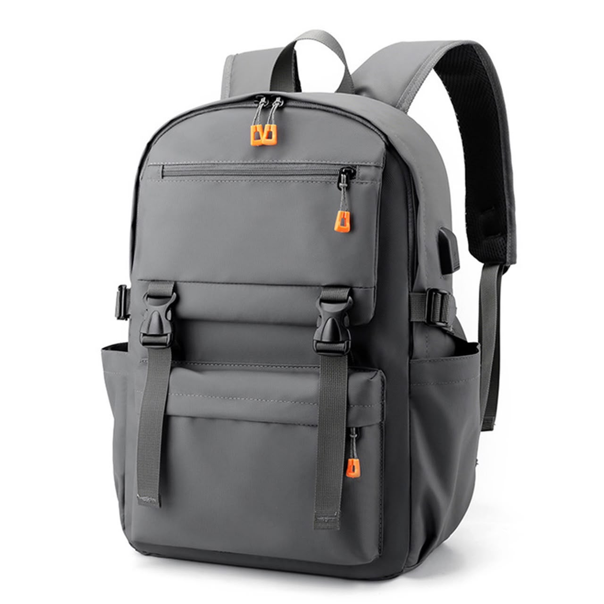 Original photo of grey backpack with front buckle straps and orange zipper pulls