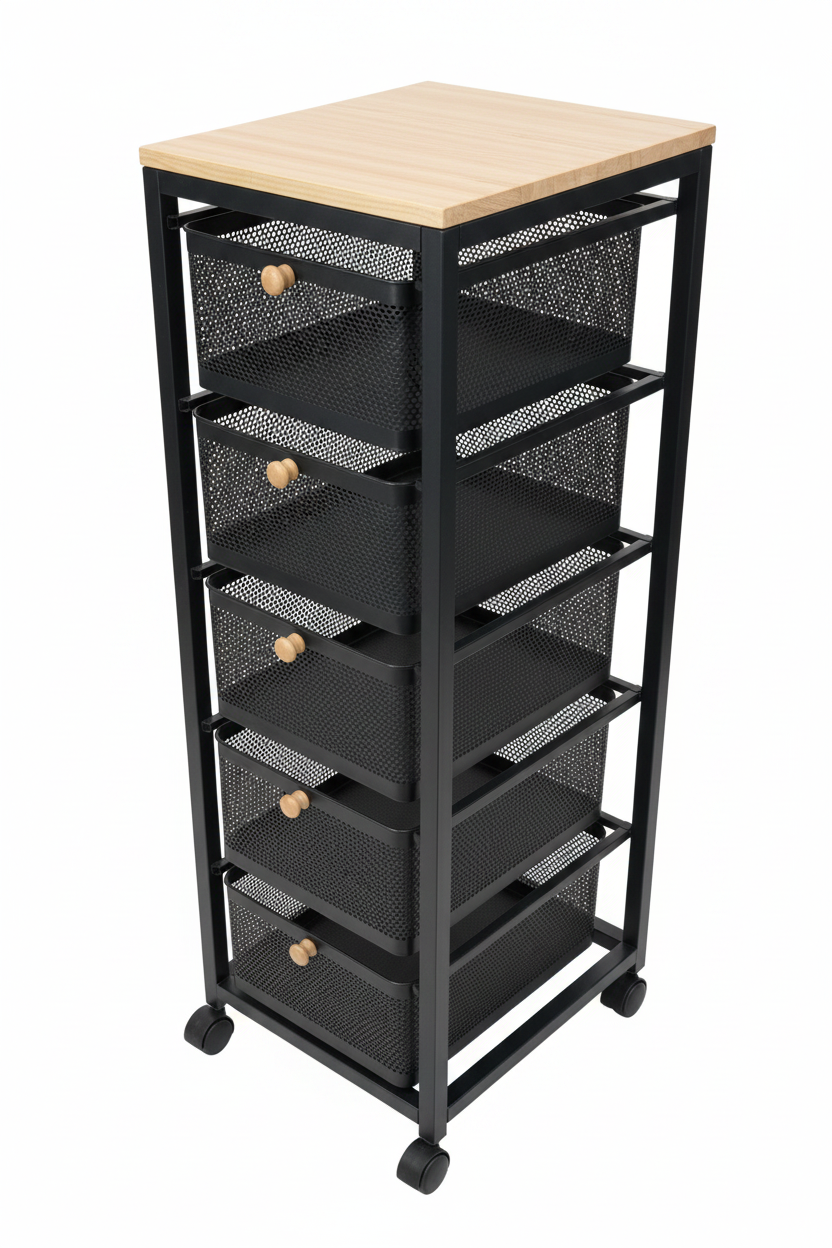 5-layer black rolling kitchen office organizer with mesh drawers and wood top on white background
