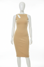 Beige Cutout Neckline Sleeveless Bodycon Midi Dress - White Background