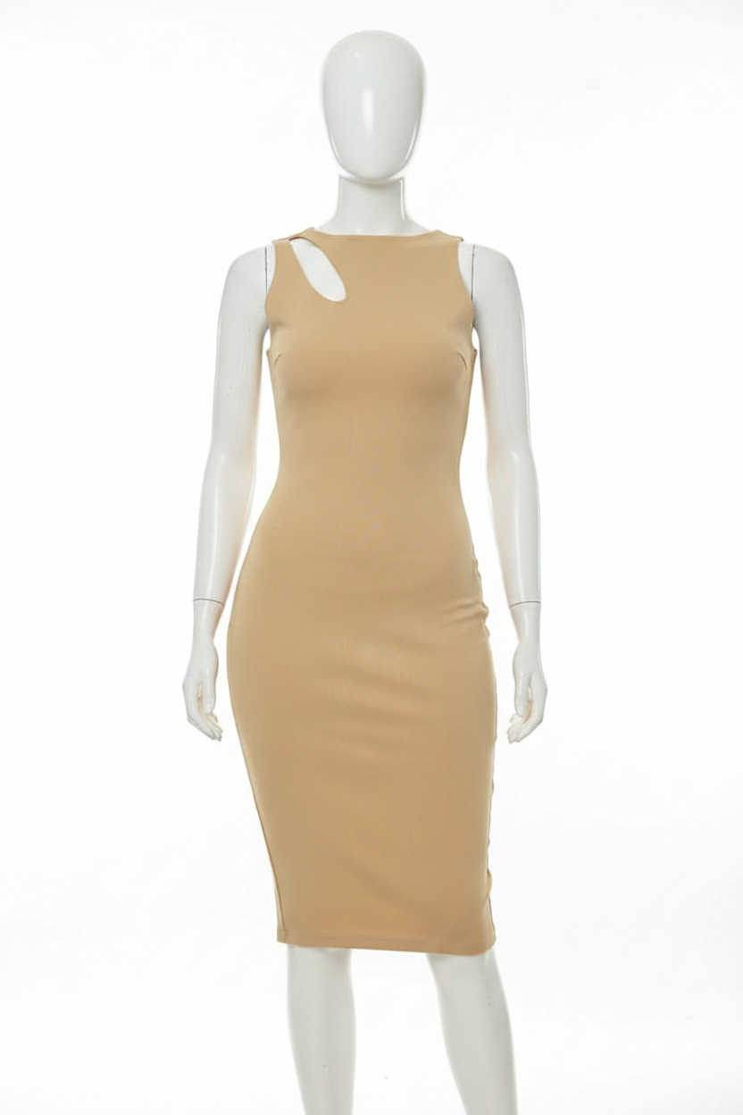 Beige Cutout Neckline Sleeveless Bodycon Midi Dress - White Background