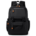Original front view of black backpack with orange zip accents and two buckle straps