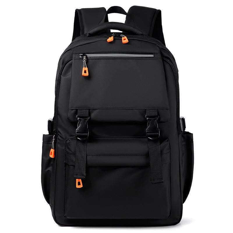 Original front view of black backpack with orange zip accents and two buckle straps