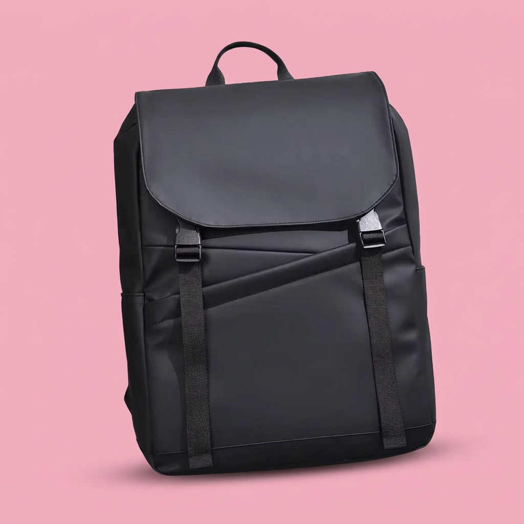 Black flap-top backpack with twin buckle straps on soft pink background
