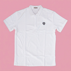 White polo shirt with shield chest emblem on soft pink background