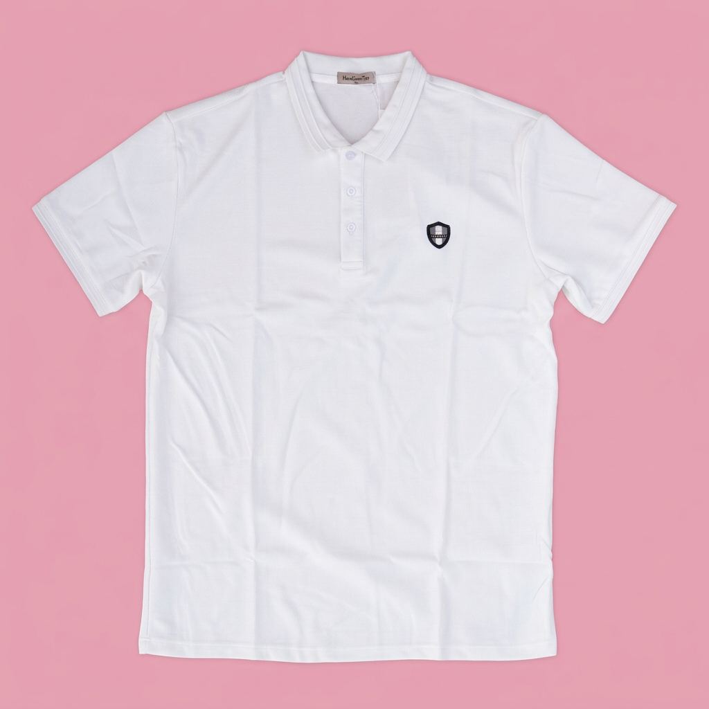 White polo shirt with shield chest emblem on soft pink background