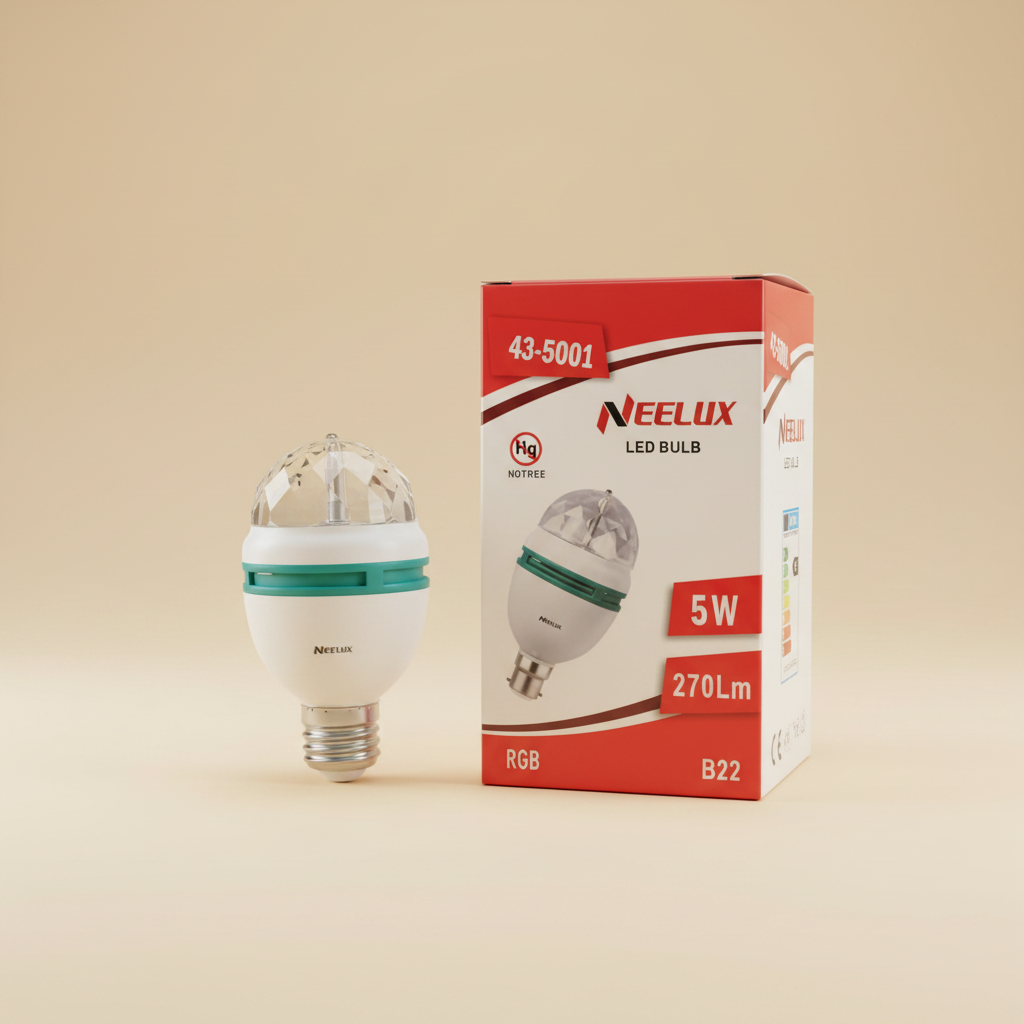 Neelux 5W RGB rotating disco bulb with box - cream background