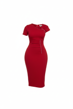 Red Asymmetric Rhinestone Bodycon Midi Dress - White Background