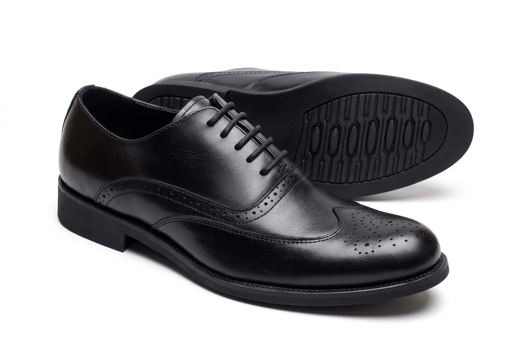 Classic black wingtip brogue gentle shoes on white background