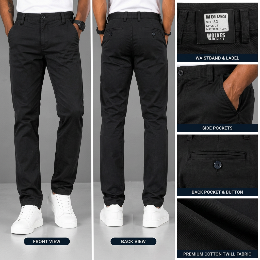 Cleaned-up collage showing black chino trousers from front and back with pocket and waistband details