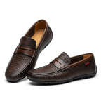 Brown woven-texture penny loafers on white background
