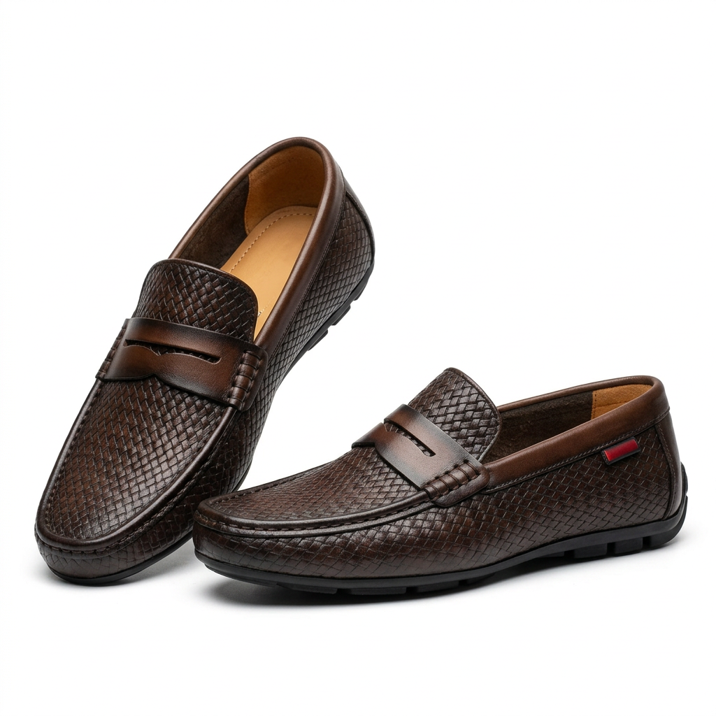 Brown woven-texture penny loafers on white background