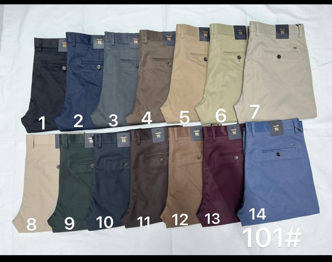 Original photo of fourteen assorted men's khaki trousers