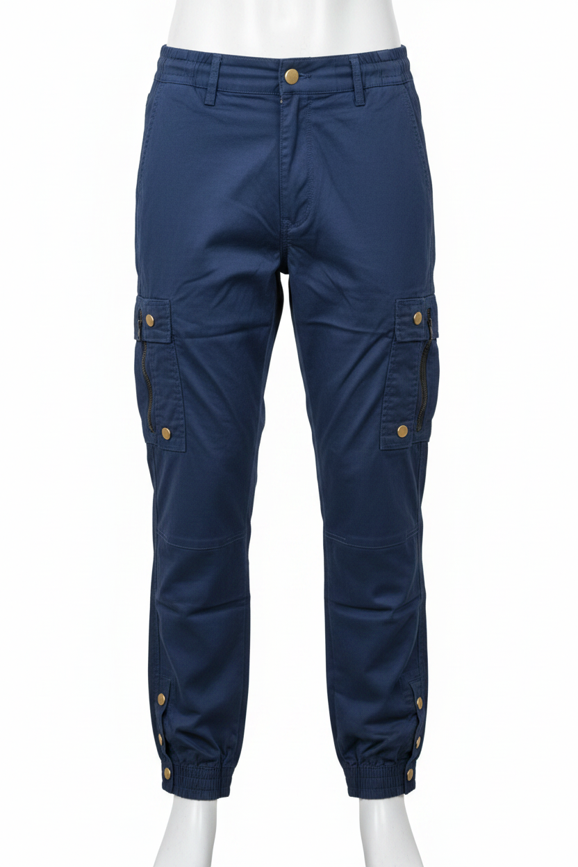 Men's navy blue cargo pants on mannequin - white background
