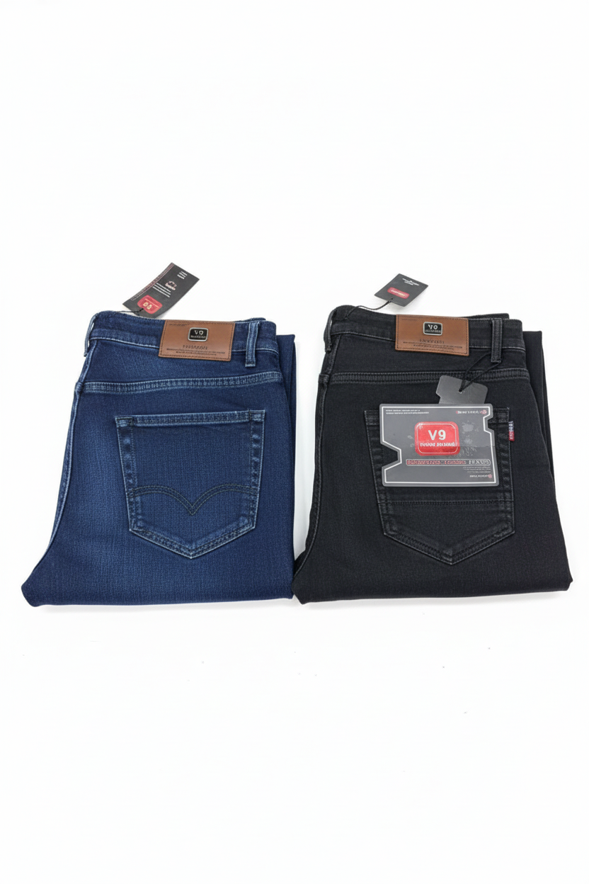 Two V9 Star Jeans in deep navy blue and charcoal black folded on a white background