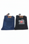 Two V9 Star Jeans in deep navy blue and charcoal black folded on a white background