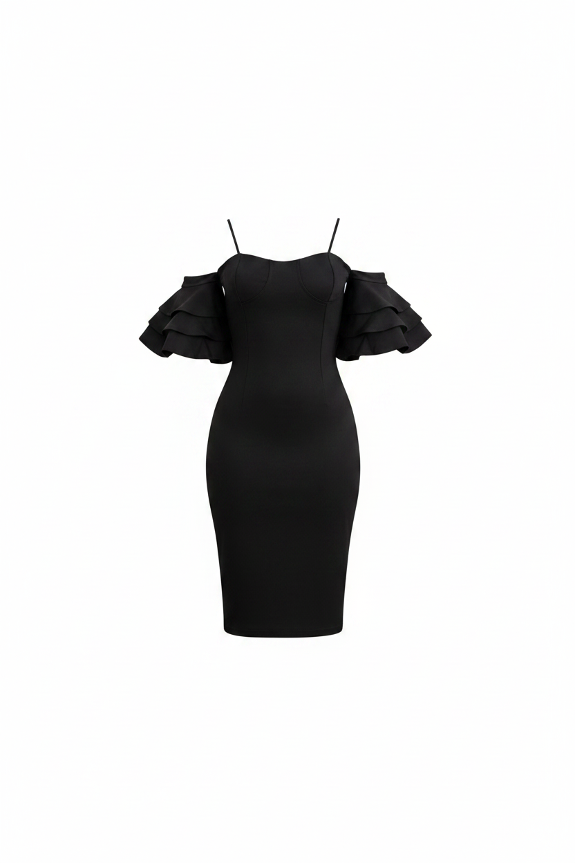 Black Off-Shoulder Puff Sleeve Bodycon Midi Dress - White Background
