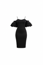 Black Off-Shoulder Puff Sleeve Bodycon Midi Dress - White Background