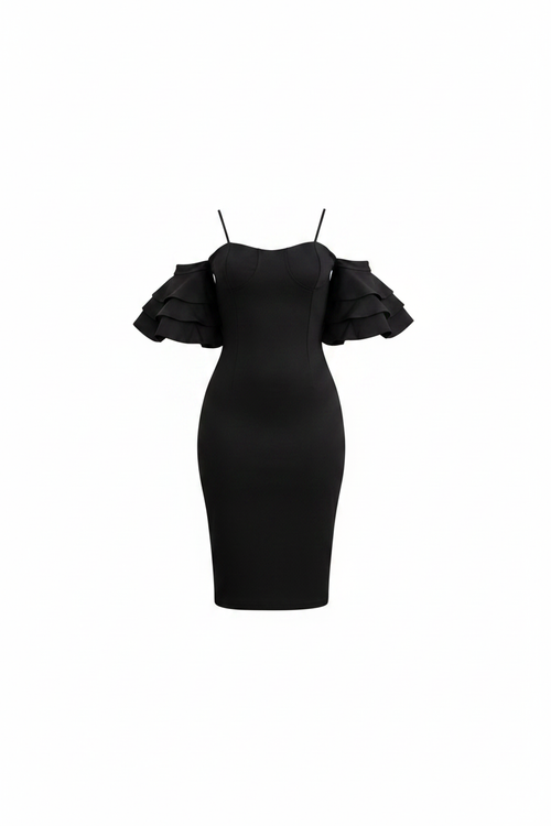 Black Off-Shoulder Puff Sleeve Bodycon Midi Dress - White Background