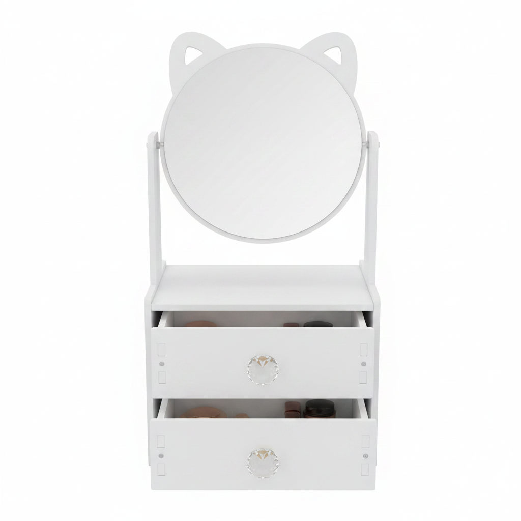 Cat Ear Vanity Mirror white with 2 drawers on white background