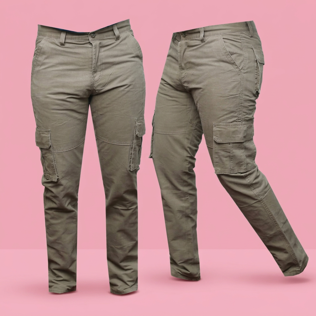 Taupe tactical cargo pants on a soft pink background