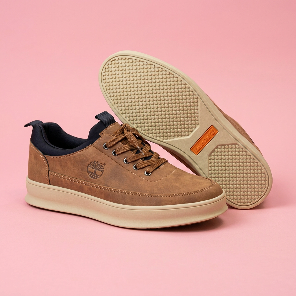 Tan lace-up sneakers with cream soles on soft pink background