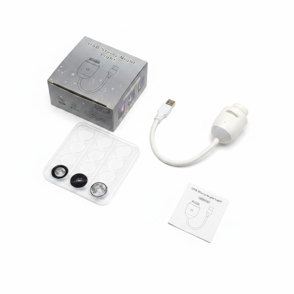 USB Star Projector Night Light with 3 projection films on white background