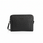 Men's black embossed leather clutch wristlet bag on white background
