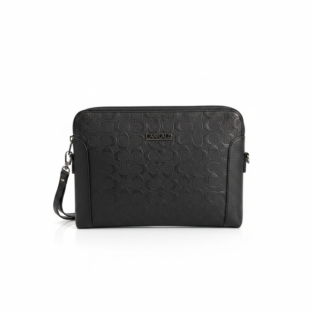Men's black embossed leather clutch wristlet bag on white background
