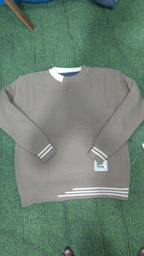 Original taupe long-sleeve knit sweater with white neckline, cuff and hem details