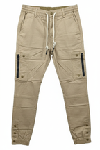 Men's khaki cargo pants - white background studio shot