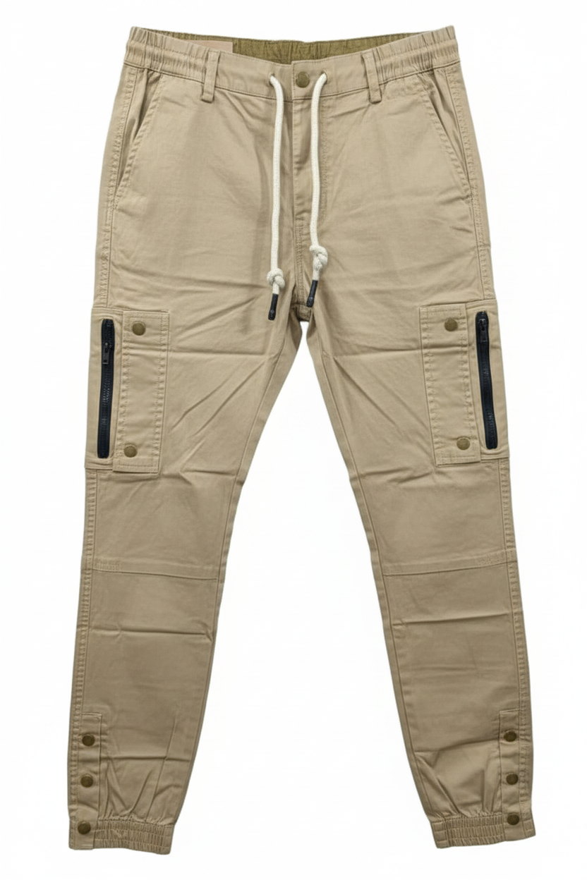 Men's khaki cargo pants - white background studio shot