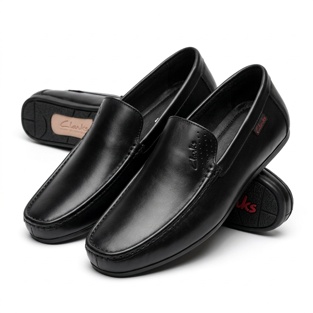 Smooth black slip-on loafers on white background