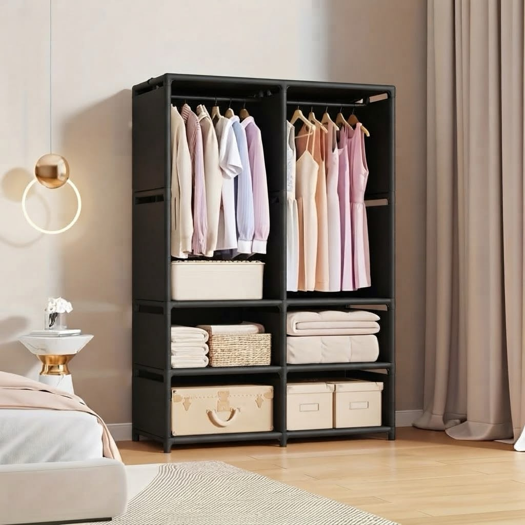 Black open wardrobe with hanging clothes and storage compartments in a bedroom