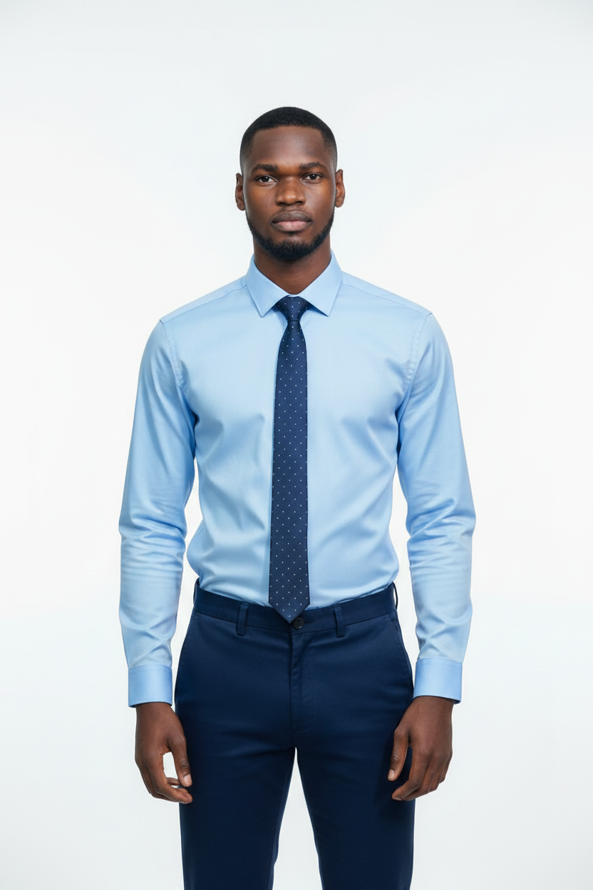 Lifestyle - young African man wearing sky blue Verso Ceremony shirt, royal blue tie and navy pants