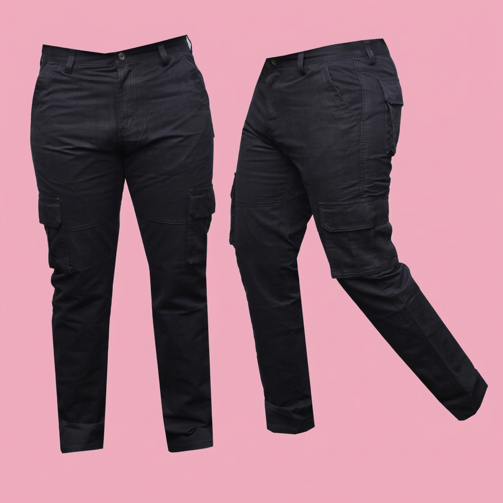 Black tactical cargo pants on a soft pink background