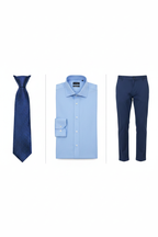 Royal blue tie, sky blue Verso Ceremony shirt and navy chino pants combo - full length