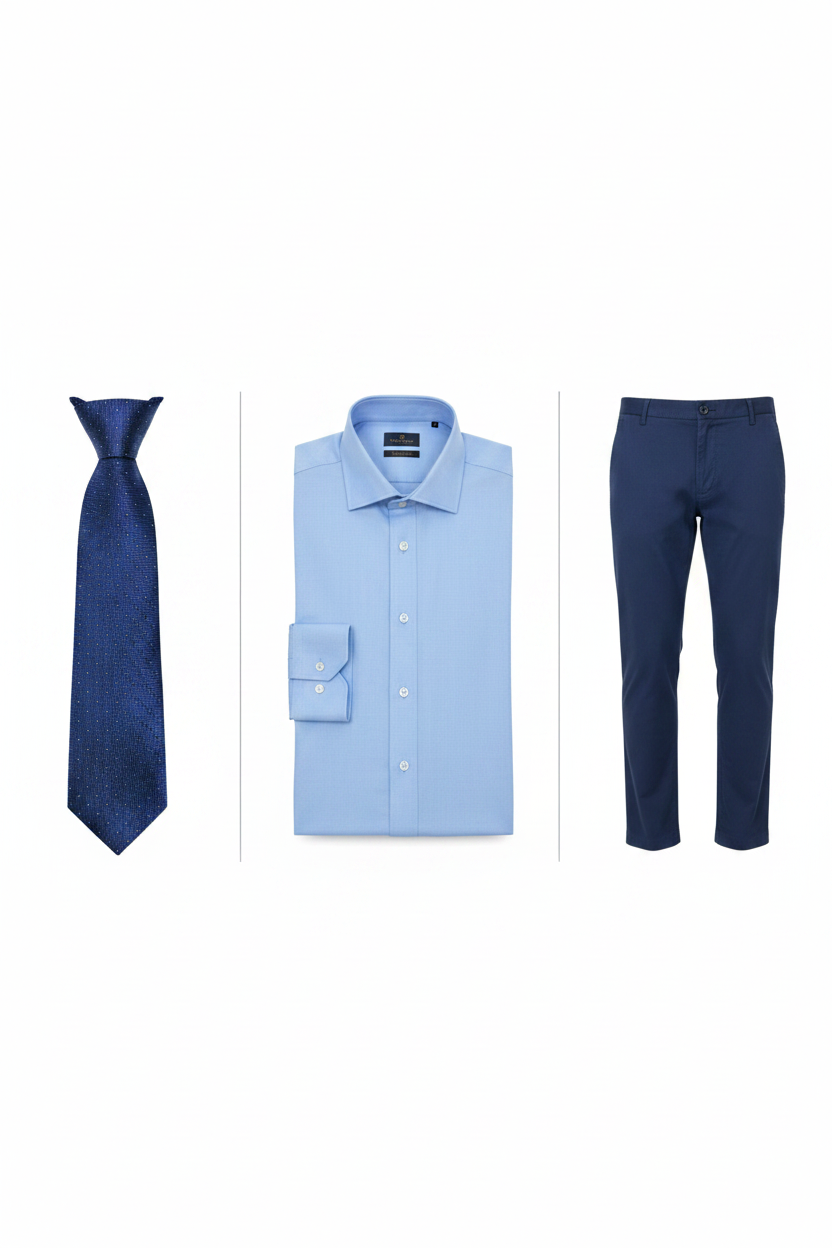 Royal blue tie, sky blue Verso Ceremony shirt and navy chino pants combo - full length