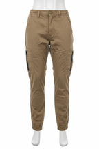 Men's khaki cargo pants on mannequin - white background