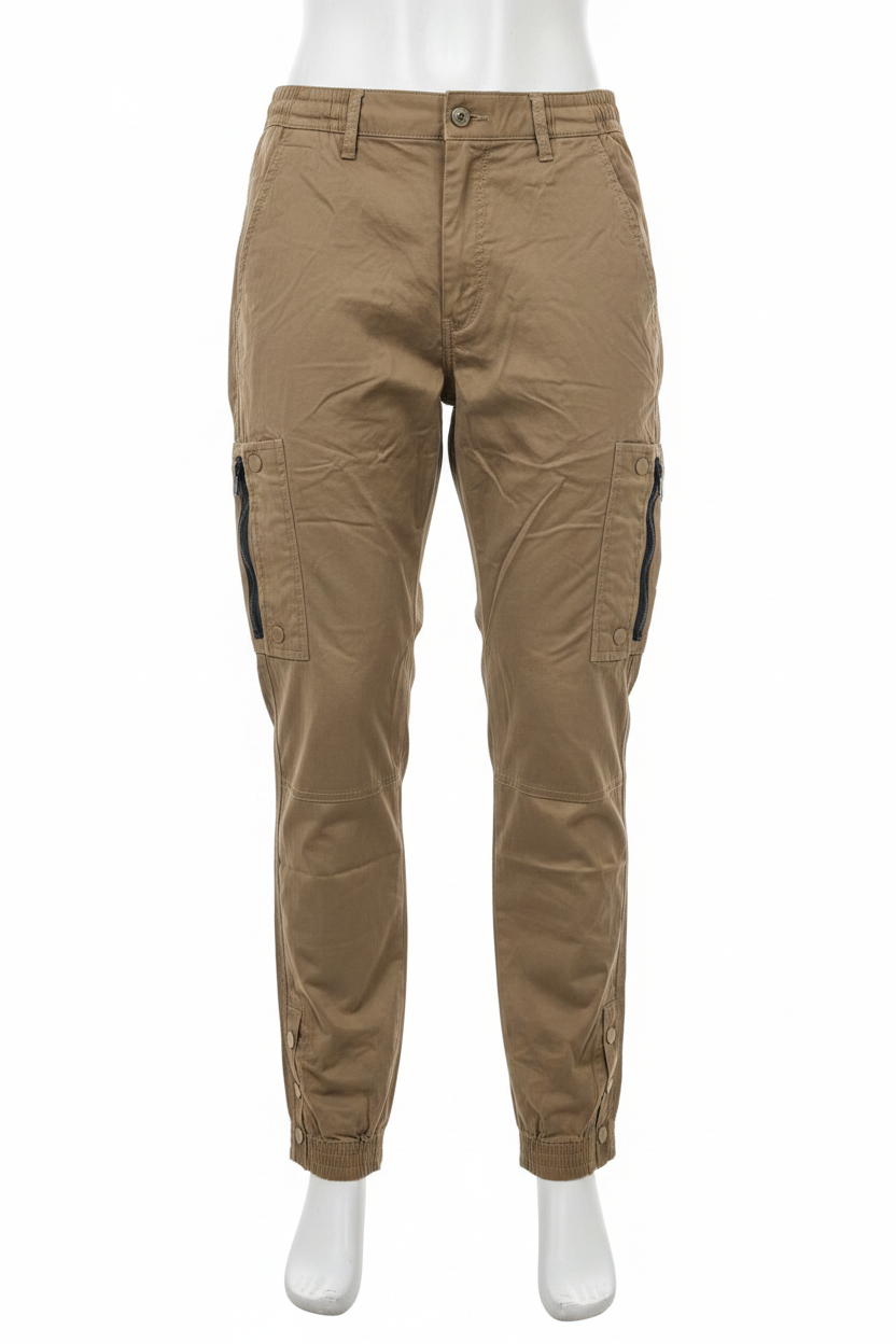 Men's khaki cargo pants on mannequin - white background