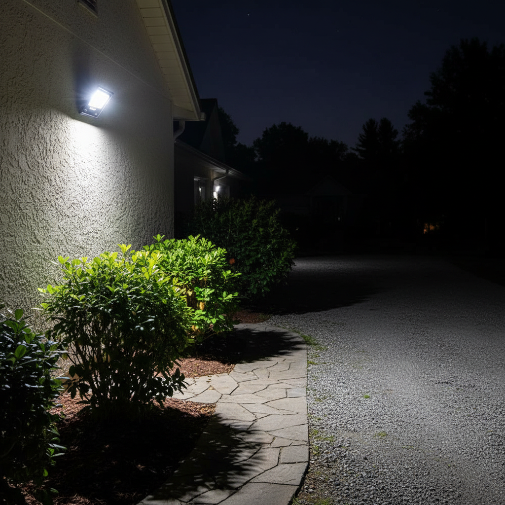 Neelux 30W LED flood light illuminating garden at night