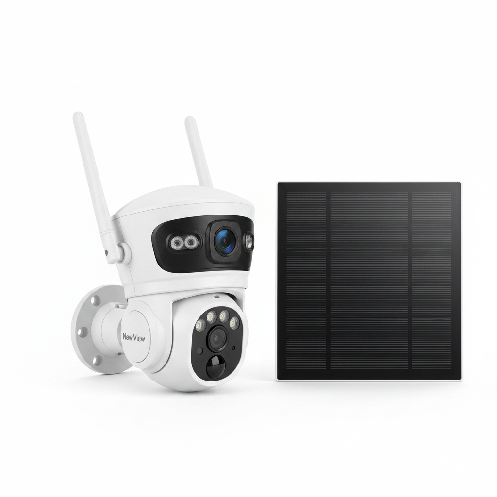 New View Dual Lens 4G SIM Card Solar Camera – white background