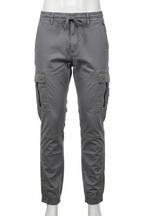 Men's grey cargo pants on mannequin - white background