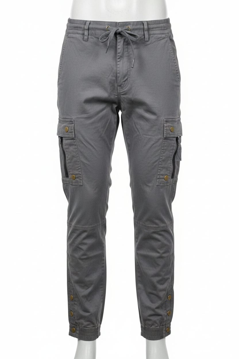 Men's grey cargo pants on mannequin - white background
