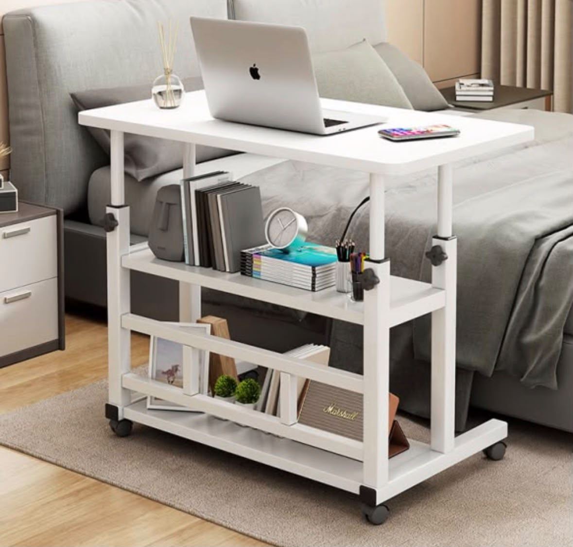 Height-adjustable rolling laptop desk with 3 shelves - white